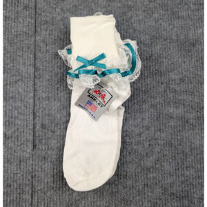 Vintage Nylon Socks Womens 8-9.5 Coquette Cream Teal Frilly Church Event Y2K 90s